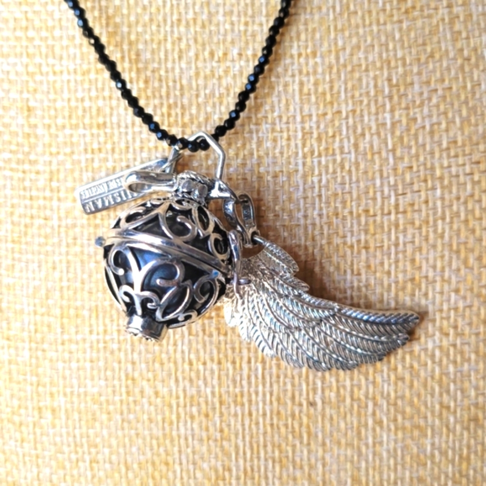 Natural Onyx Necklace with Silver Wing 🪽 Angel Caller Chim